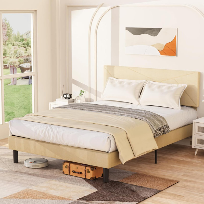 Bed Frame with Fabric Upholstered Headboard Ebern Designs Color Beige Size Queen